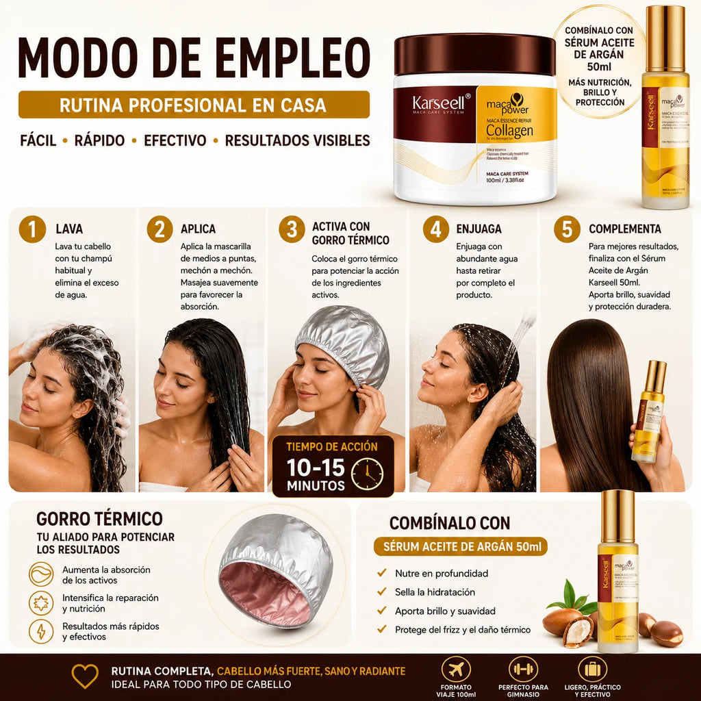KARSEELL Hair Mask with Collagen, Coconut Oil, Argan, and Maca - Intensive Repair and Deep Hydration for Dry, Damaged Hair, Travel Size 100ml, Professional Anti-Frizz Treatment, Enhances Shine and Softness