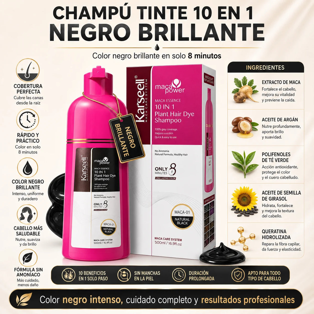 Karseell hair dye shampoo 10 in 1 covers gray instant dye hair color shampoo hair without parabens without silicones without ammonia men and women 500ml. - natural black