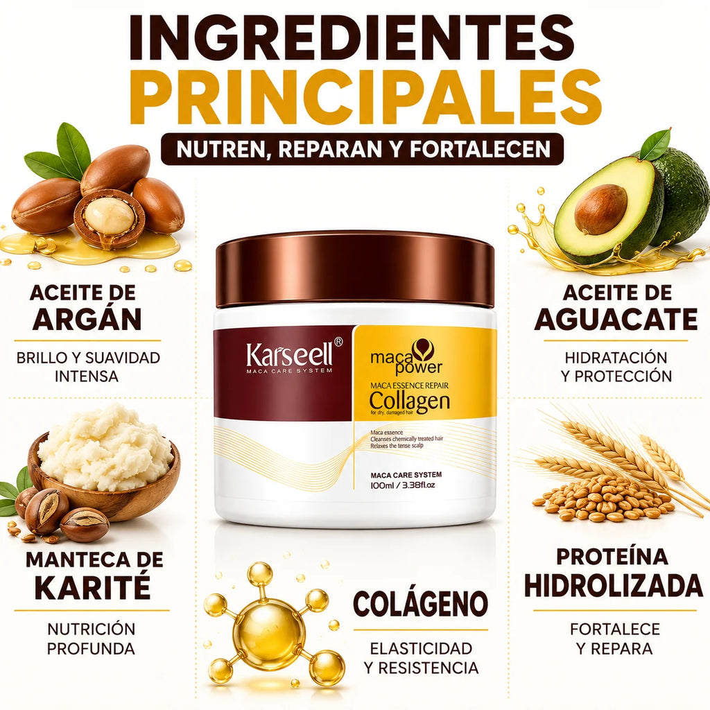 KARSEELL Hair Mask with Collagen, Coconut Oil, Argan, and Maca - Intensive Repair and Deep Hydration for Dry, Damaged Hair, Travel Size 100ml, Professional Anti-Frizz Treatment, Enhances Shine and Softness
