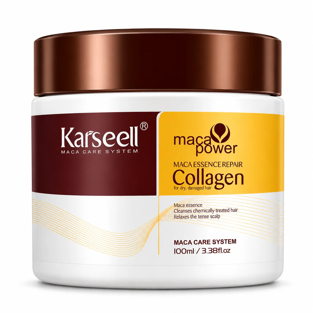 KARSEELL Hair Mask with Collagen, Coconut Oil, Argan, and Maca - Intensive Repair and Deep Hydration for Dry, Damaged Hair, Travel Size 100ml, Professional Anti-Frizz Treatment, Enhances Shine and Softness