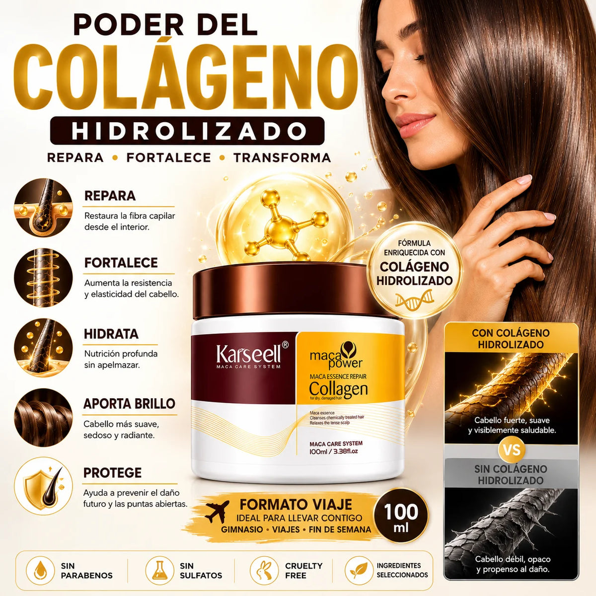 KARSEELL Hair Mask with Collagen, Coconut Oil, Argan, and Maca - Intensive Repair and Deep Hydration for Dry, Damaged Hair, Travel Size 100ml, Professional Anti-Frizz Treatment, Enhances Shine and Softness