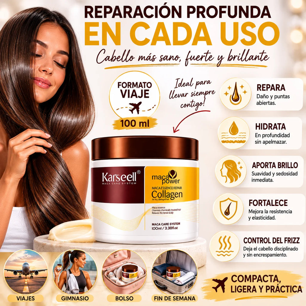 KARSEELL Hair Mask with Collagen, Coconut Oil, Argan, and Maca - Intensive Repair and Deep Hydration for Dry, Damaged Hair, Travel Size 100ml, Professional Anti-Frizz Treatment, Enhances Shine and Softness