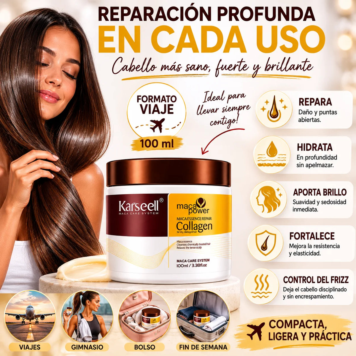 KARSEELL Hair Mask with Collagen, Coconut Oil, Argan, and Maca - Intensive Repair and Deep Hydration for Dry, Damaged Hair, Travel Size 100ml, Professional Anti-Frizz Treatment, Enhances Shine and Softness