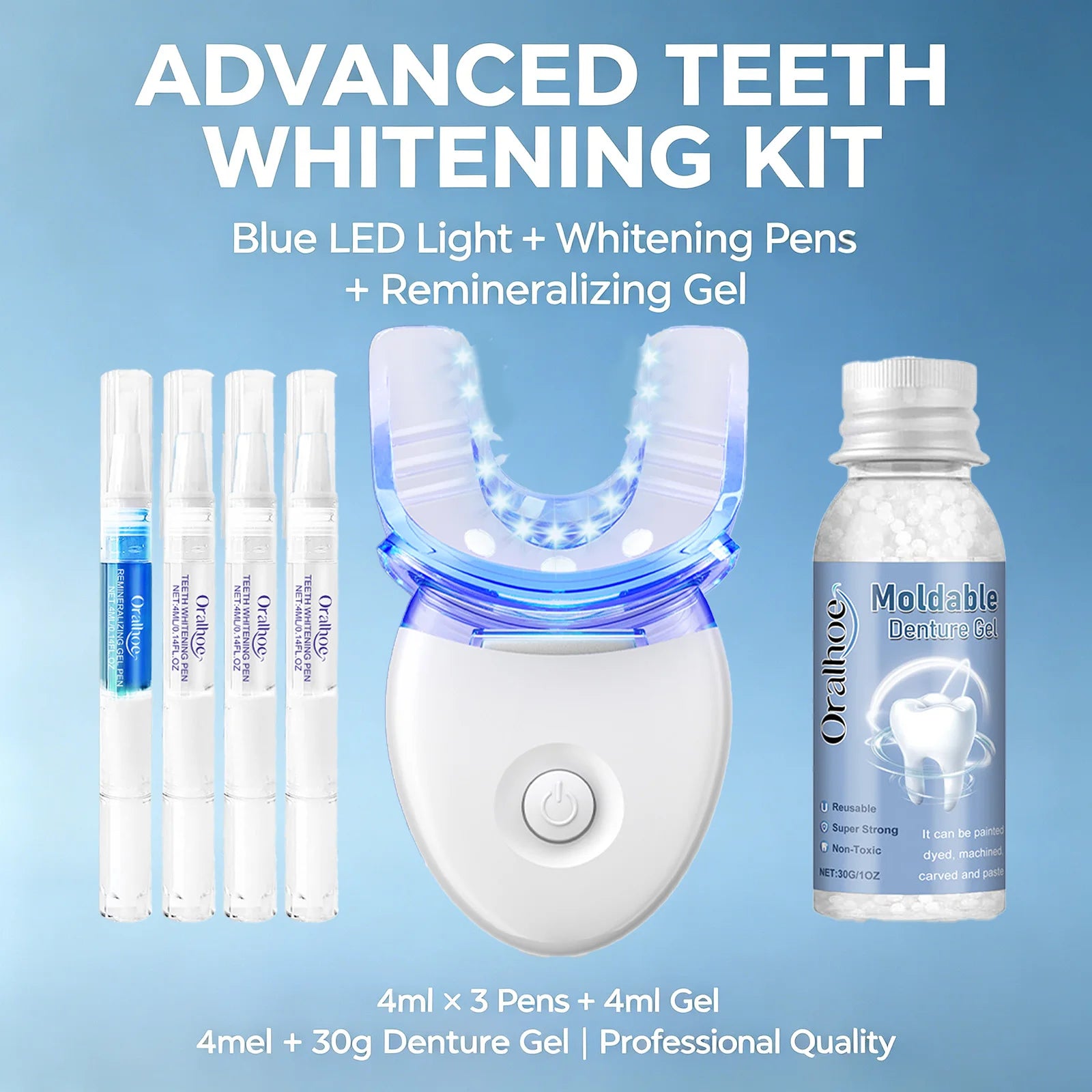 Kit de Blanqueamiento Dental con Luz LED – 4 Geles Blanqueadores Profesionales