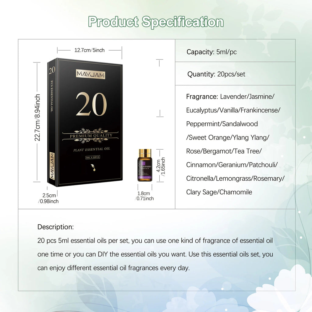 Kit d'huiles essentielles – Ensemble de 20 arômes purs de 5 ml avec compte-gouttes