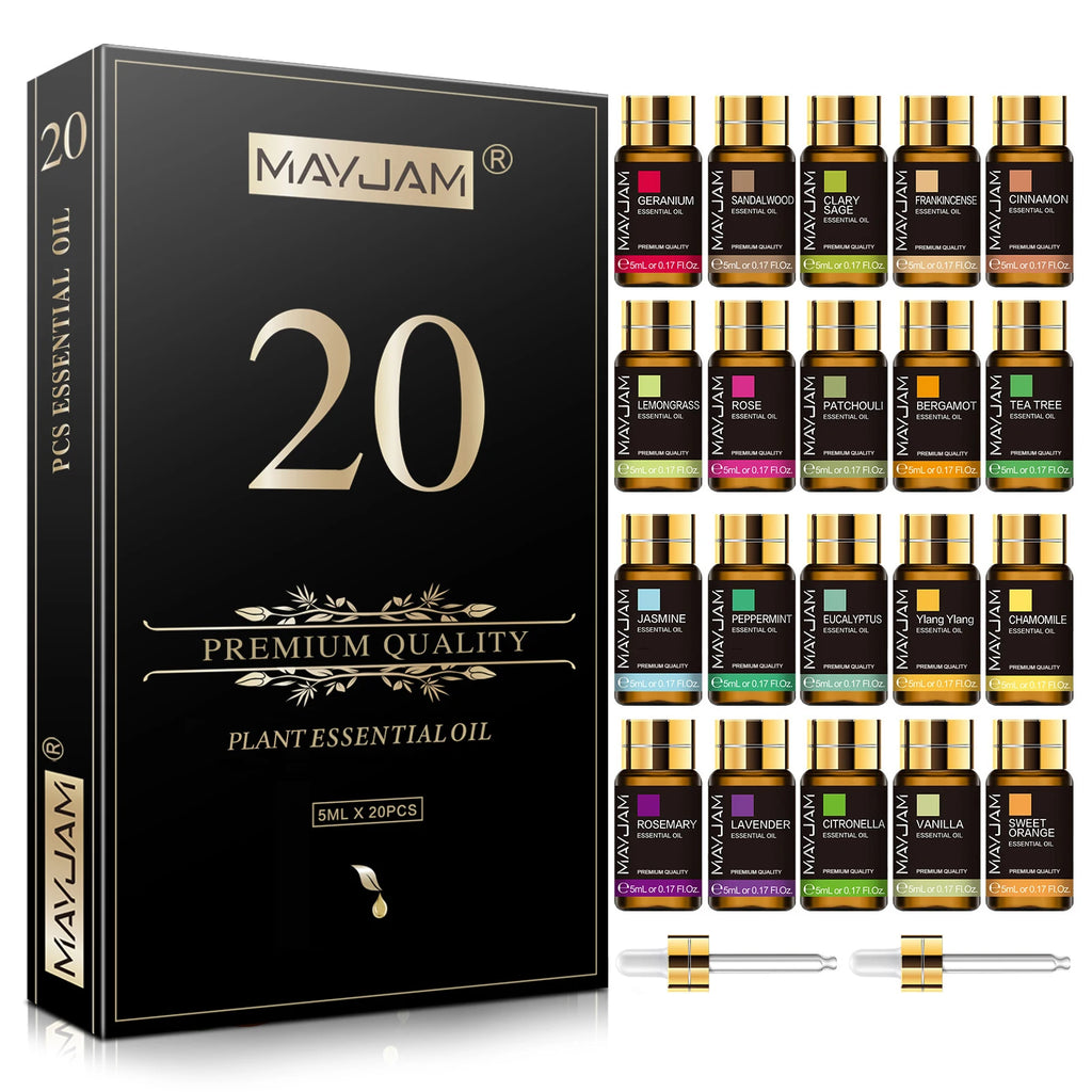 Kit d'huiles essentielles – Ensemble de 20 arômes purs de 5 ml avec compte-gouttes