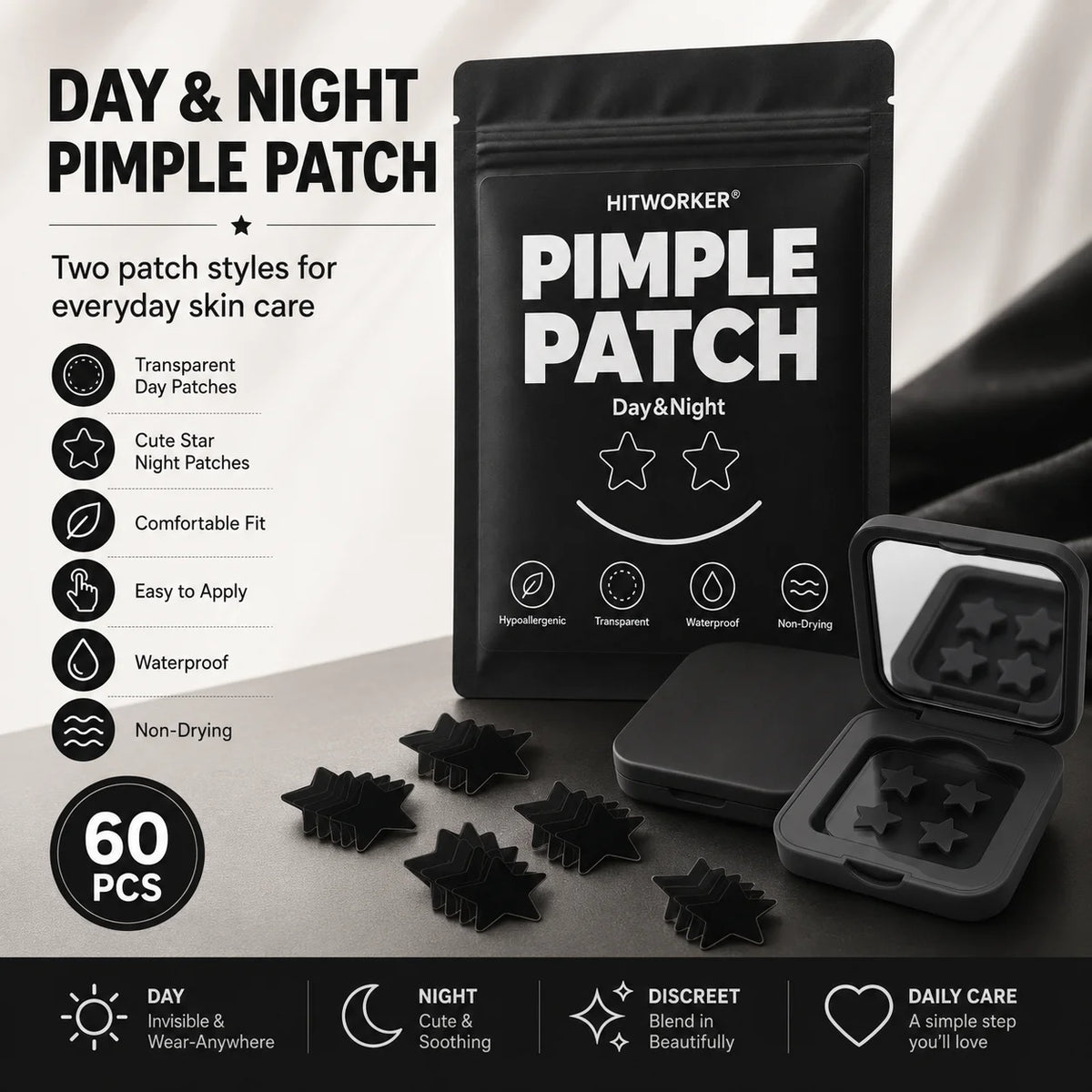 Parches Negros para Granos – 60 Unidades con Funda Espejada | Hydrocoloides Invisibles