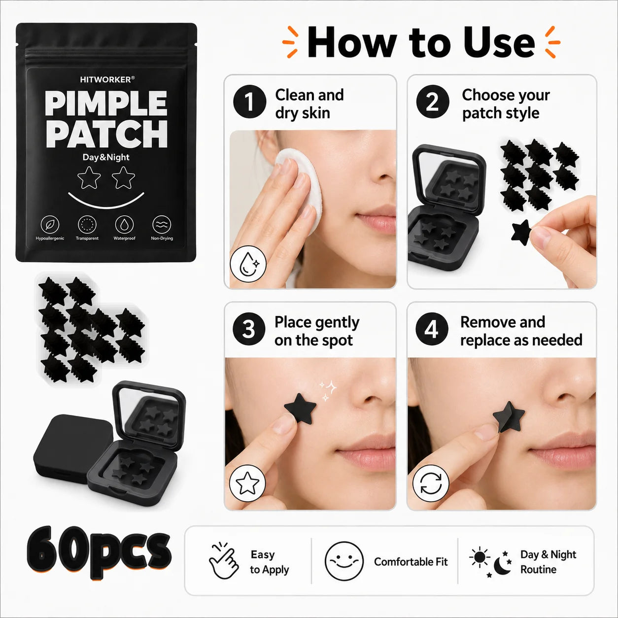 Parches Negros para Granos – 60 Unidades con Funda Espejada | Hydrocoloides Invisibles