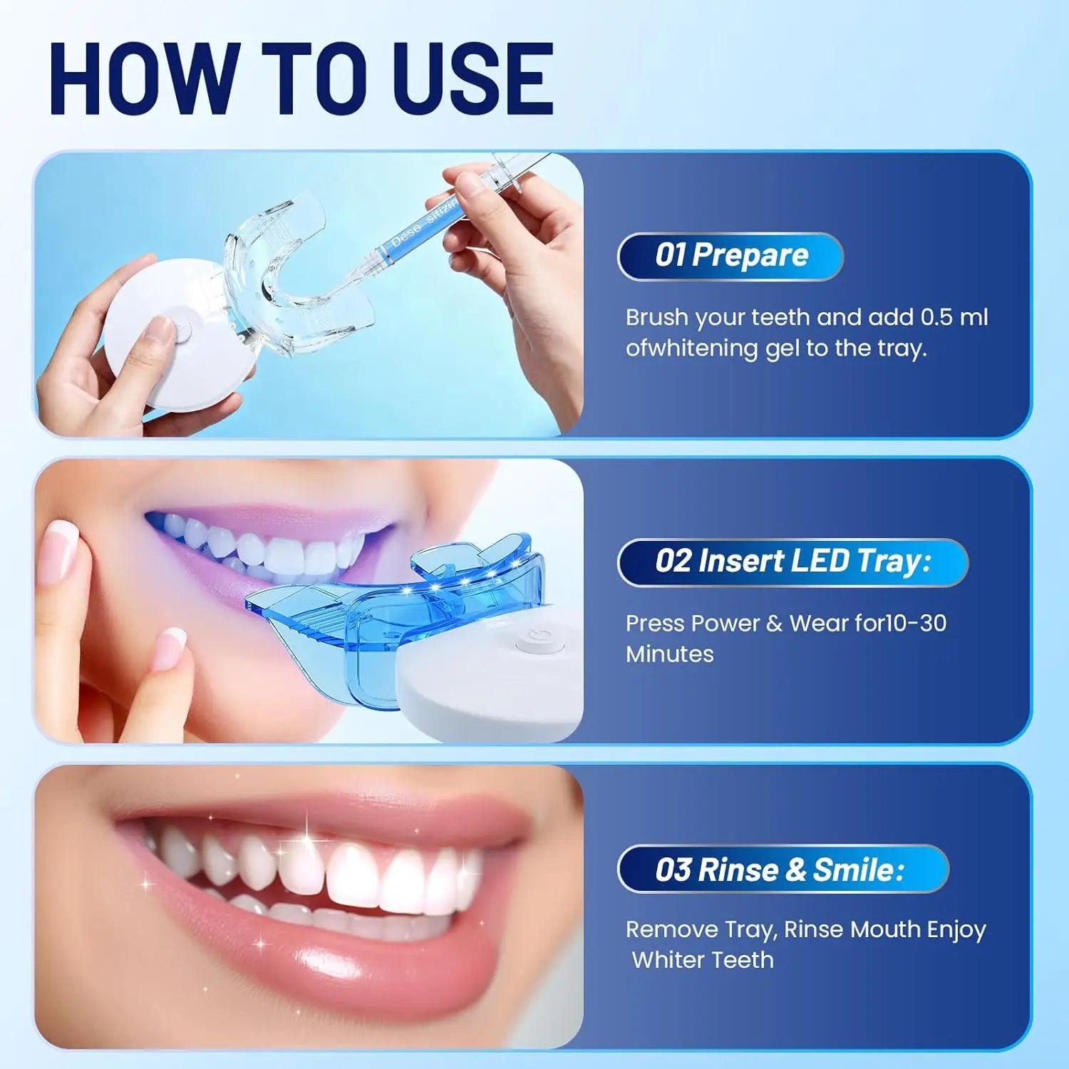 Kit de Blanqueamiento Dental con Luz LED – 4 Geles Blanqueadores Profesionales