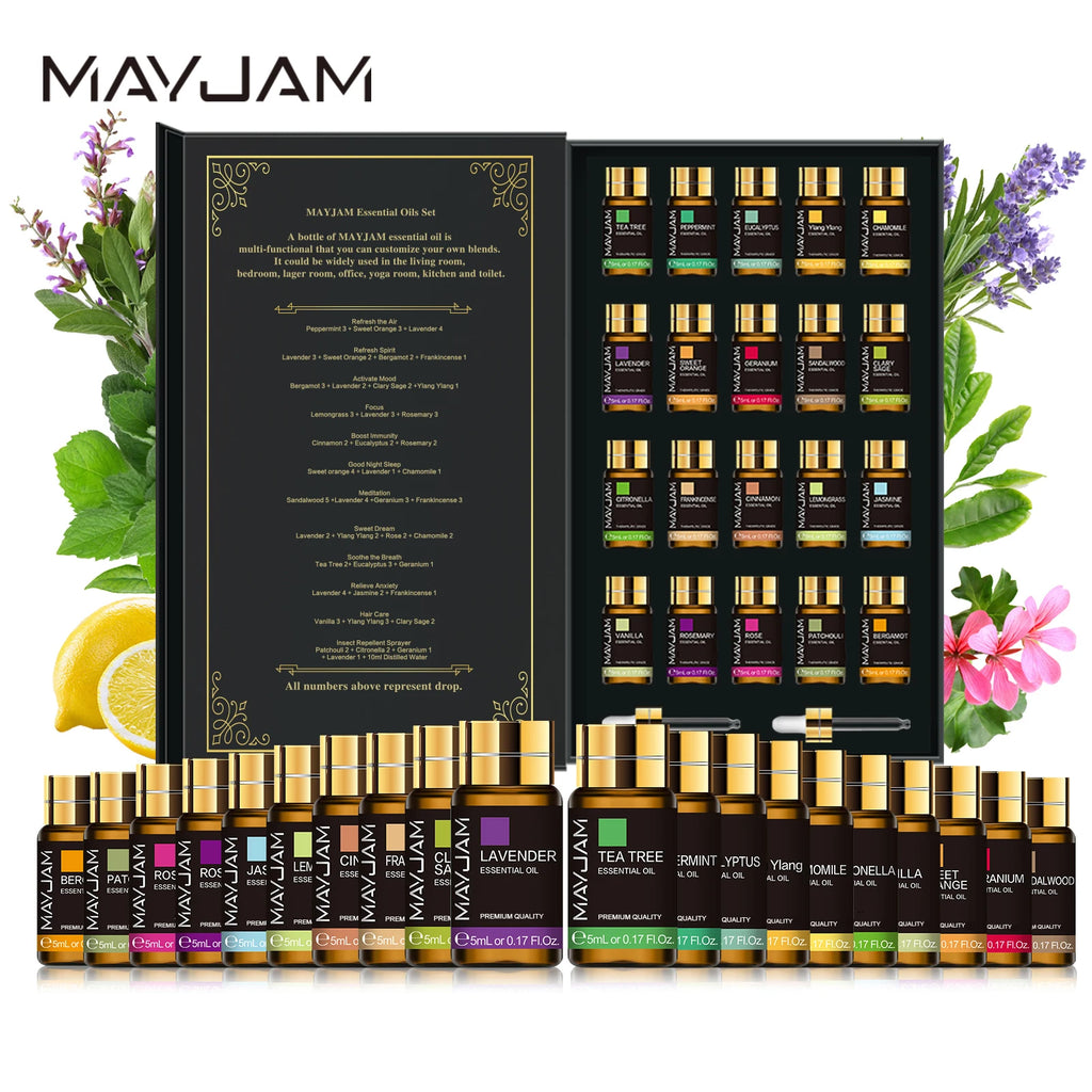Kit d'huiles essentielles – Ensemble de 20 arômes purs de 5 ml avec compte-gouttes